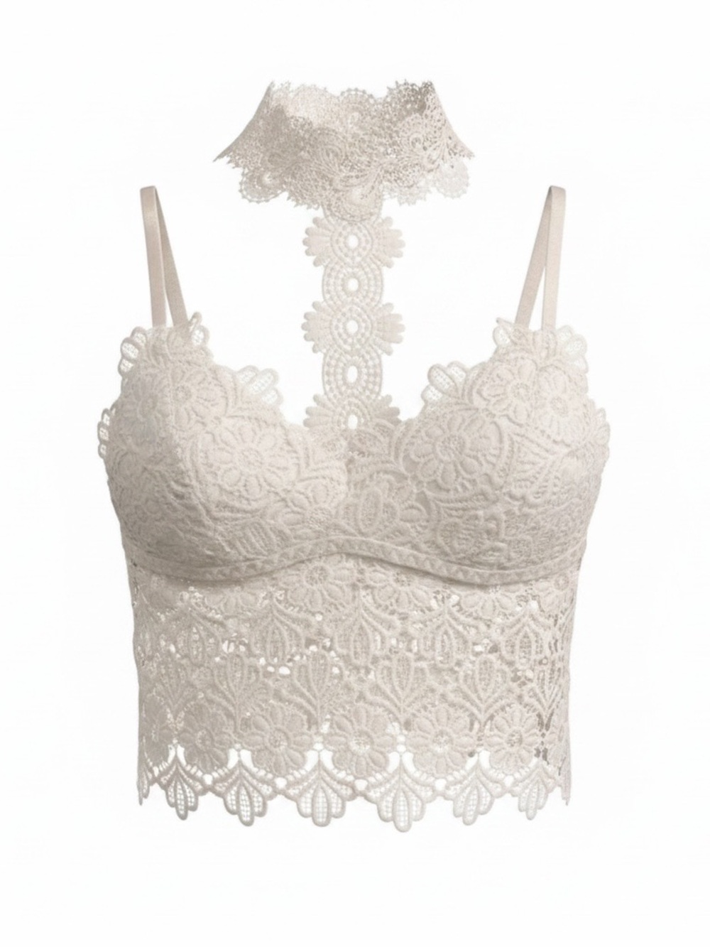 White Boho Floral Lace Bralette/Crop-Top with Attached Lace Choker